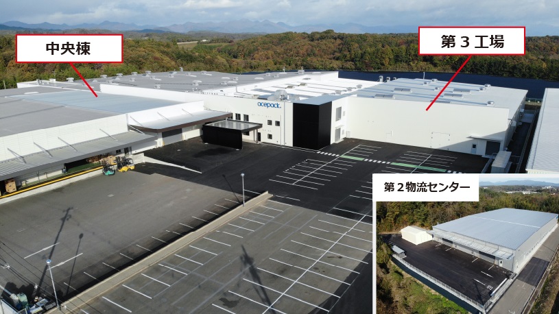福島矢吹工場の物流センターと中央棟の鳥瞰写真