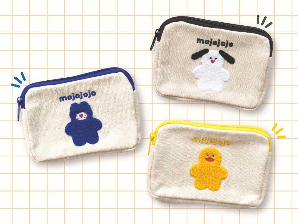 猫、ひよこ、いぬの柄のポーチ